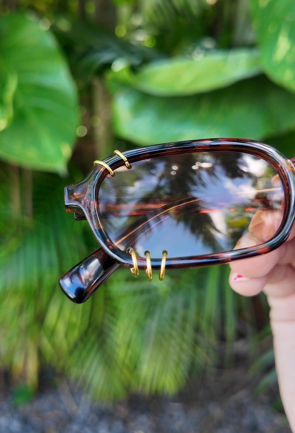 Pierced Up Sunnies: Brown Tortoise Shell Rectangle with Gold Piercings