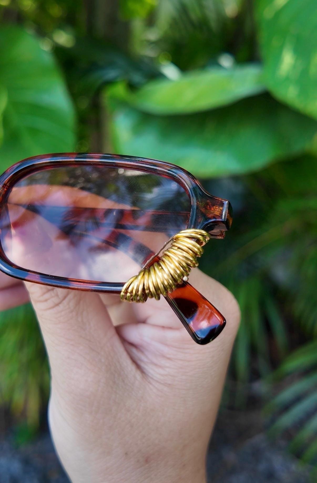 Pierced Up Sunnies: Brown Tortoise Shell Rectangle with Gold Piercings