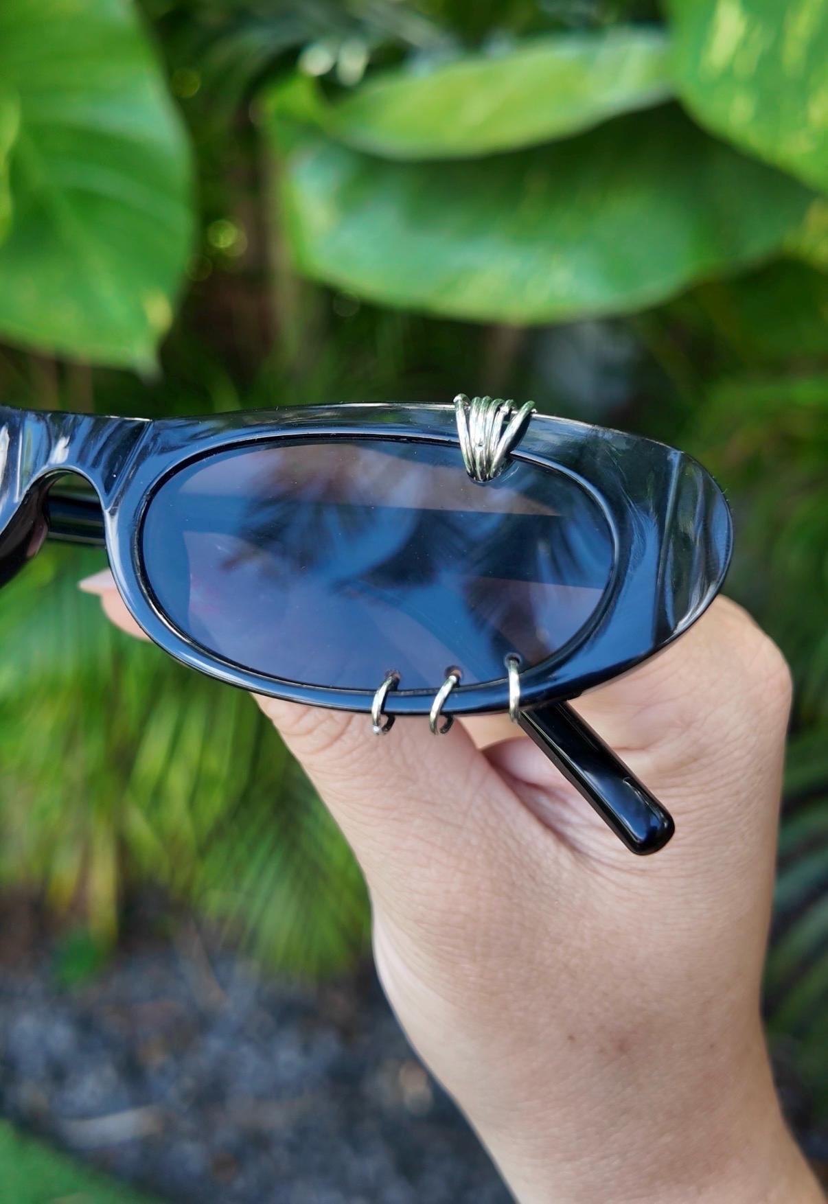 Pierced Up Sunnies: Black Micro Oval with Silver Piercings
