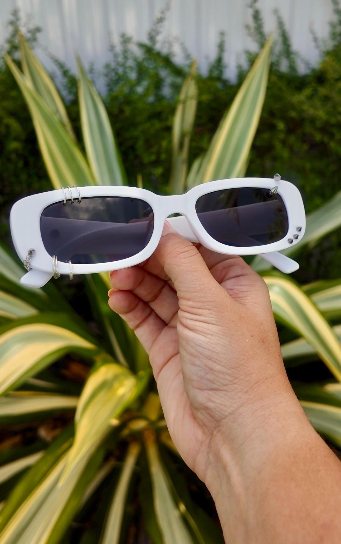 Pierced Up Sunnies: White Rectangle with Silver Piercings