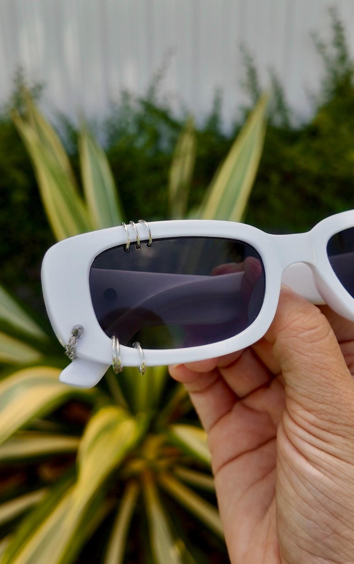 Pierced Up Sunnies: White Rectangle with Silver Piercings