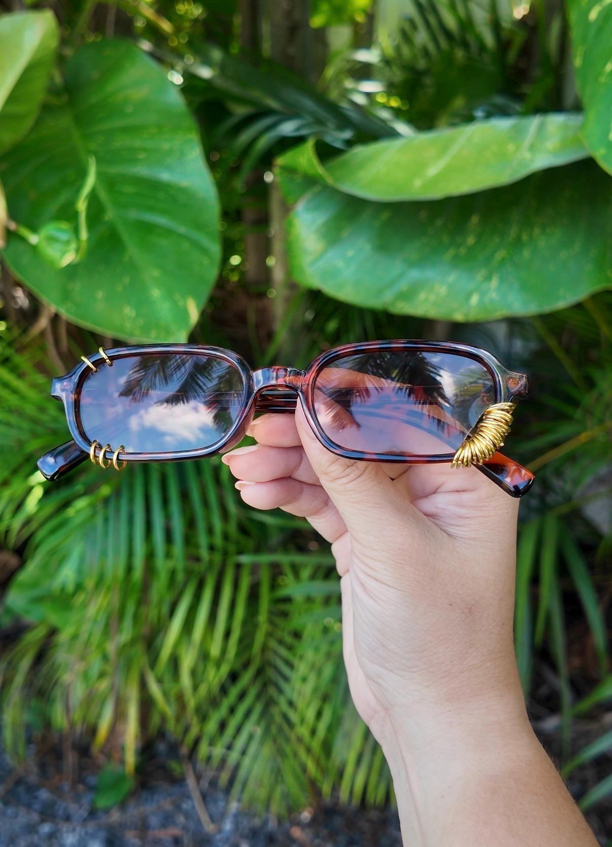Pierced Up Sunnies: Brown Tortoise Shell Rectangle with Gold Piercings