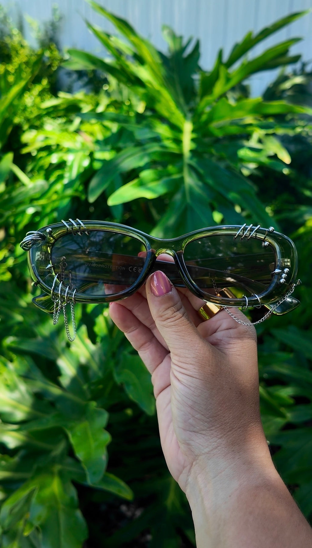 Pierced Up Sunnies: Green Puffy Oval with Silver Piercings