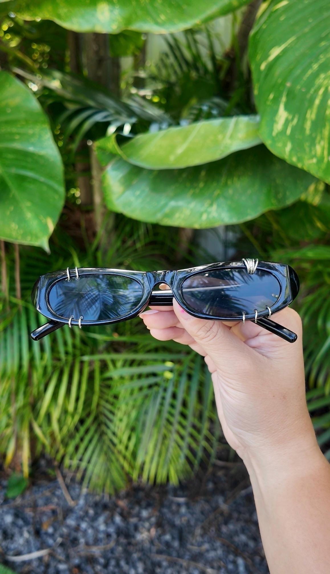 Pierced Up Sunnies: Black Micro Oval with Silver Piercings