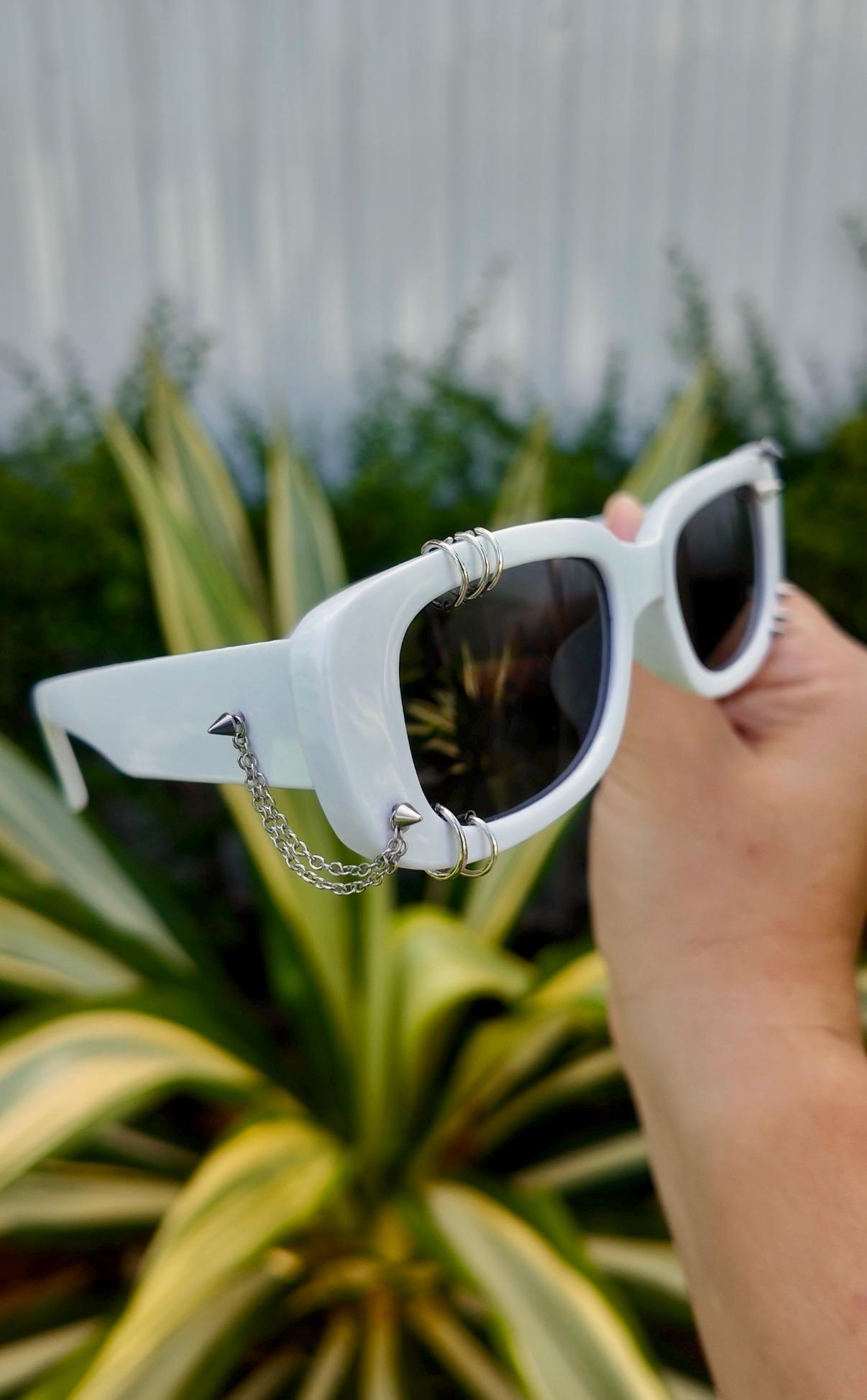 Pierced Up Sunnies: White Rectangle with Silver Piercings